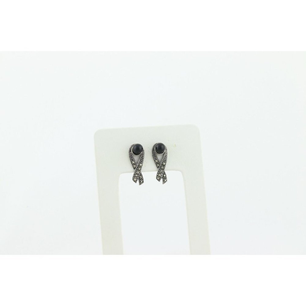Sterling Silver Marcasite Ribbon Earrings with Black Bead Stud Post - Picture 4 of 9